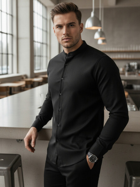 Pánska ležérna čierna košeľa SLIM FIT so stojacím golierom FashionStreet DX2597 XXL