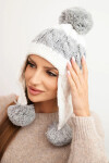 Dámska zimná vlnená čiapka s bambuľkami a ušami K447 biela + sivá UNI