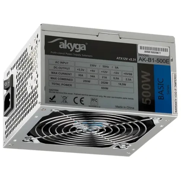 Akyga Basic AK-B1-500E sivá / Zdroj / ATX 2.31 / 500 W / pasívne PFC / 120 mm (AK-B1-500E)