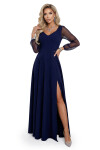 640-3 LORETTA jedinečné dlhé šaty s tylovými rukávmi a výstrihom - tmavomodré XXL