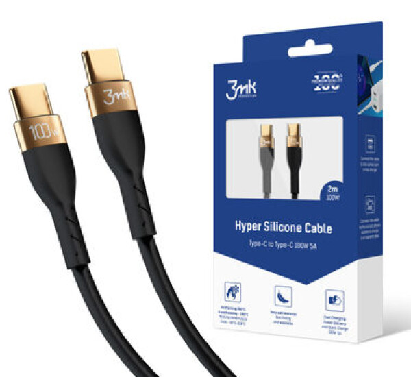 3mk Hyper Silicone dátový kábel USB-C - USB-C 2m čierna / 100 W / 5A (5903108464604)