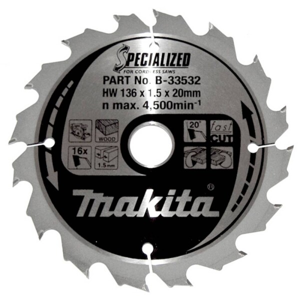 Makita SPECIALIZED B-33532 tvrdokovový pílový kotúč 136 x 20 x 1 mm Počet zubov (na palec): 16 1 ks; B-33532