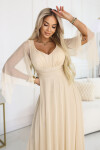 655-4 Dlhé ľahké trblietavé šaty s véčkovým výstrihom a priehľadnými rukávmi - béžovo-šampanská UNI