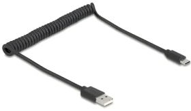 DeLock / Špirálový kábel USB 2.0 Typ-A na USB-C / 0,75 m / čierny (90368)