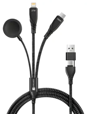 Connect IT Wirez 6in1 čierna / Nabíjací a dátový kábel / USB-C / Lightning / pre hodinky / 1,25 m / 100 W (CCA-2300-BK)