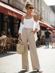 Dámske ľanové nohavice so širokými nohavicami béžovej farby FashionStreet UY3079 XS