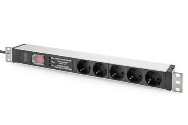 Digitus PDU 1U 5x Schuko čierna / Zásuvková lišta / 230V/16A / kábel 2 m / hliníkové telo / vypínač (DN-95433)