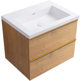 CERANO - Kúpeľňová skrinka Velora - dub medový, úchytka zlatá + umývadlo z lit. mramoru Ovo - biela lesklá - 70,5x58x46,5 CER-980017