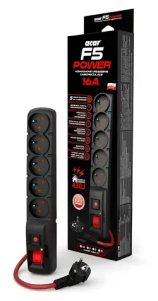 Acar F5 čierna / Predlžovací prívod / prepäťová ochrana / 5 zásuviek / 1,5 m / 16 A (W2389)