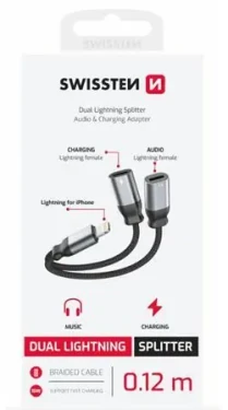 Swissten Textile čierna / Audio adaptér / Lightning (samec) - 2x Lightning (samica) / 0,12 m (73502303)