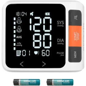 Sencor SBD 0900WH Digitálny tlakomer na zápästie / krvný tlaktep / pamäť 2x99 miest / displej 49x36 mm / 2x AAA (8590669352982)