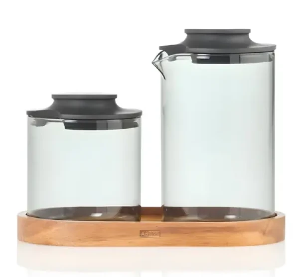 AdHoc IMPACT / Sada na cukor a mlieko s podtáckom / Sklo a akácia / 250 ml / 180 g (MZ08)