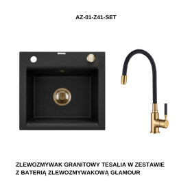 INVENA INVENA - Granitový drez TESALIA, čierny s automatickým sifónom, zlatý + batéria GLAMOUR AZ-01-Z41-SET