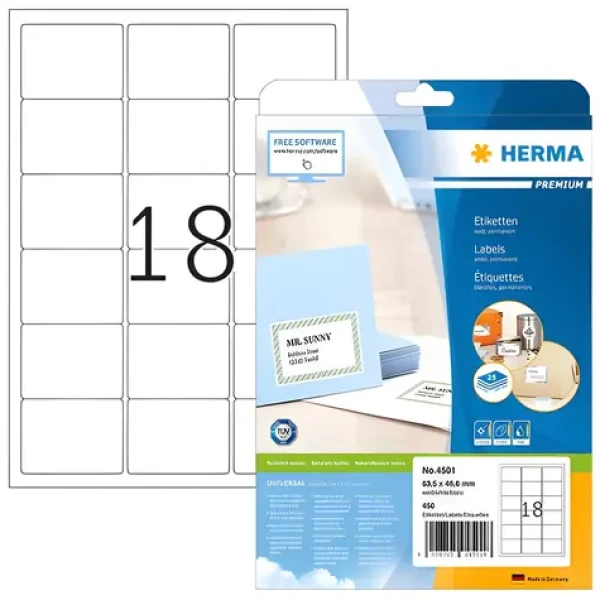 Herma Adresné etikety Premium 63,5x46,6 mm biele / Etikety / A4 / papier / 450 ks / 25 listov (4501)