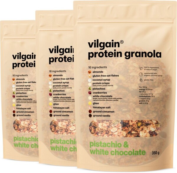 Vilgain Protein Granola – 3× Pistácie, biela čokoláda a brusnice 350 g