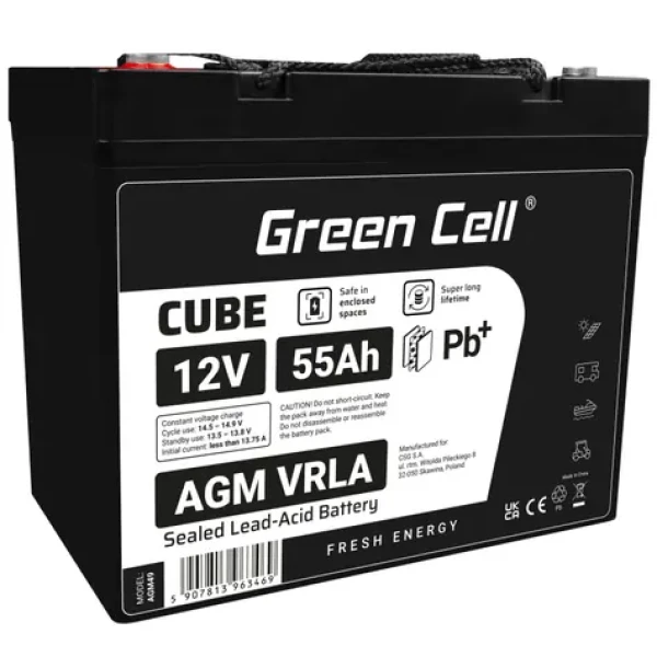 Green Cell bezúdržbová batéria AGM VRLA 12V 55Ah / pre kosačky | lode | invalidné vozíky a kolobežky (AGM49)