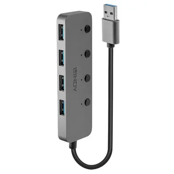 Lindy USB hub 4 porty šedá / USB hub / vypínače portov / USB 3.0 / 5 Gb/s / hliníkové telo (43309)
