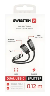 Swissten Textile čierna / Nabíjací audio adaptér / USB-C (M) na 2x USB-C (F) / 0,12 m (73502302)