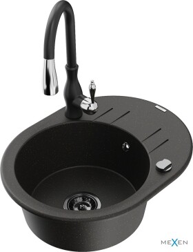 MEXEN/S MEXEN/S - Kevin granitový drez 1 s odkvapkávačom vrátane batérie Savita, čierna/zlatá metalik 6517-75-672601-70-B