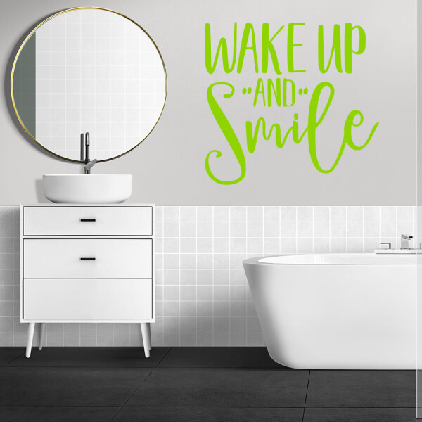 Veselá Stena Samolepka Nápis Wake up and Smile Farba: zelená, Veľkosť: 100 x 93 cm