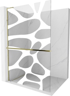 MEXEN/S - Kioto+ L Sprchová zástena WALK-IN s poličkou a držiakom uterákov 90 x 200, biely vzor, zlato 800-090-123-50-97