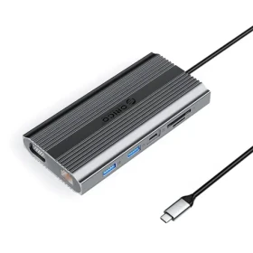 Orico USB-C hub 12v1 sivá / USB-C hub / USB-C PD 100W / HDMI 4K / VGA / RJ45 Gigabit (ORICO-XDR-X22-GY-BP)