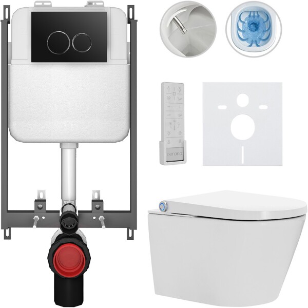 CERANO - Závesné WC s bidetom Basic/Cronus Premium - biela lesklá - WC tlačidlo Dualo/Čierna - na zamurovanie - 59,3x38,4 CER-8050BD86471