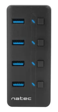 Natec Mantis 2 čierna / USB rozbočovač / 4X USB 3.0 / aktívny / vypínače portov / napájací adaptér (NHU-1557)