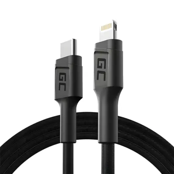 Green Cell Power Stream čierna / Nabíjací a dátový kábel Lightning - USB-C / MFi / 1 m (KABGC07)