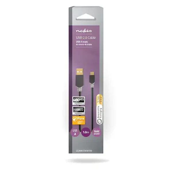 Nedis USB 2.0 kábel antracit / Kábel USB / USB-A - Micro-B / 480 Mbps / 1 m / pozlátené konektory (CCBW60500AT10)