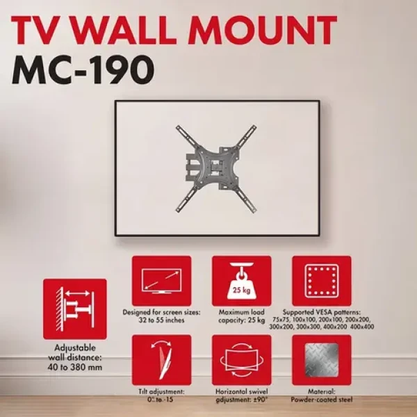 Maclean nástenný držiak TV čierna / Nástenný držiak pre TV / VESA 75x75-400x400 mm / 32-55" / nosnosť 45 kg (MC-190)