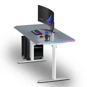 Ultradesk Quest biela šedá / Herný stôl / 140 x 70 cm / 72-120 cm / elektrická nastaviteľná výška / LED RGB osvetlenie (UD-QST-FRWT/DTGY)