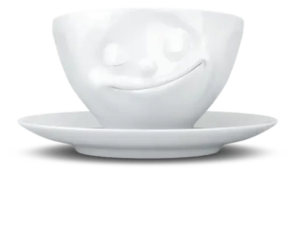 FIFTYEIGHT PRODUCTS Kávový hrnček Glücklich biela / Hrnček / 200 ml / Porcelán / S tanierikom / Do umývačky aj mikrovlnky (T014301)