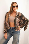 Dámska semišová bunda s leopardím vzorom a khaki strapcami UNI