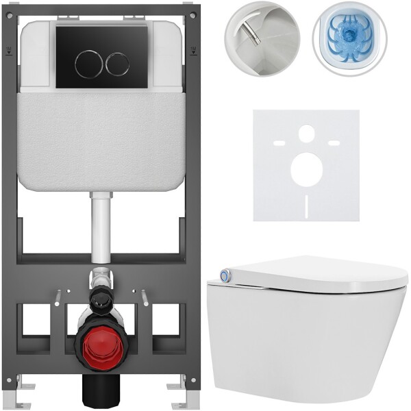 CERANO - Závesné WC s bidetom Basic/Cronus Standard - biela lesklá - WC tlačidlo Dualo/Čierna - voľne stojaca - predstenová inštalácia - 59,3x38,4 CER-8050BD86427