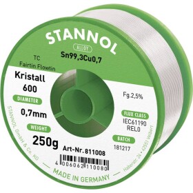 Stannol Kristall 600 Fairtin spájkovací cín bez olova bez olova Sn99,3Cu0,7 REL0 250 g 0.7 mm; 811008