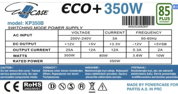 Eurocase Eco+ 350W / Zdroj / 85+ / ATX 20/24pin / 4X SATA / 120mm ventilátor (ECO350 85+)