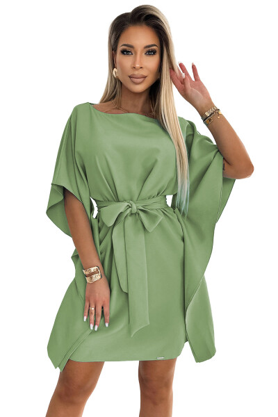 287-27 SOFIA Motýlie šaty so zaväzovaním v páse - OLIVE L/XL