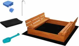 SAND TROPIC Drevené pieskovisko s lavičkami a príslušenstvom 146x137cm (impregnované)