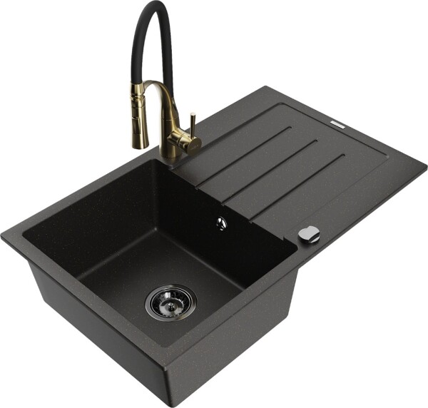 MEXEN/S MEXEN/S - Bruno granitový drez s odkvapkávačom vrátane batérie Aster, čierna/zlatá metalik 6513-75-73450-57-B