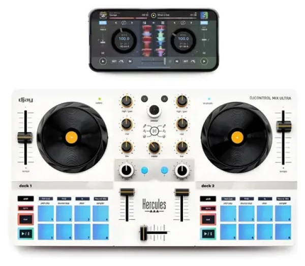 Hercules DJControl Mix Ultra biela / Mixážny pult / Bluetooth Low Energy / batéria 10 h / 8 padov / 3pásmový EQ (4780942)