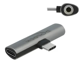 DeLock USB-C audio adaptér šedá / Redukcia / USB-C + Jack 3,5 mm USB-C nabíjanie / PD 3.0 20V/3A (60W) (64186)