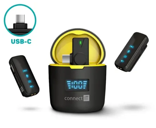 Connect IT ClipMic Pre USB-C Sada 2 ks bezdrôtových mikrofónov s USB-C prijímačom čierna / dosah 20 m / výdrž 5 h (CMI-1020-BK)