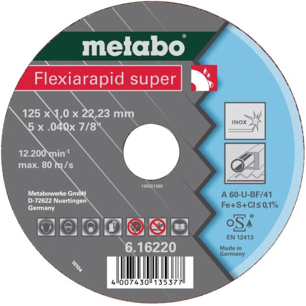 Metabo Flexirapid Super / Rezací kotúč na nerezovú oceľ / Priemer 180 x 22.23 mm / Šírka rezu 1.6 mm / 46 U (616226000)