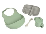 Beaba Jedálenská súprava silikónová 4-dielna s podbradníkom Grey/ Sage Green (913556BB)