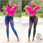 Sexy Jeanslook Leggings with floral print denimblue Einheitsgroesse