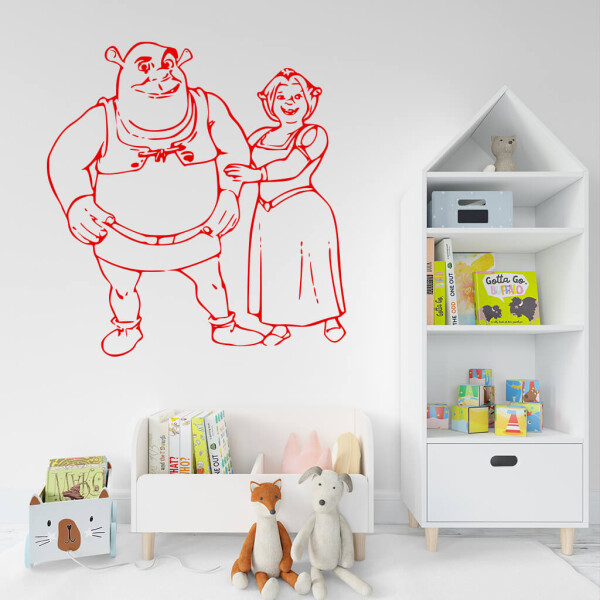 Veselá Stena Samolepka Shrek a Fiona Farba: červená, Veľkosť: 40 x 42 cm