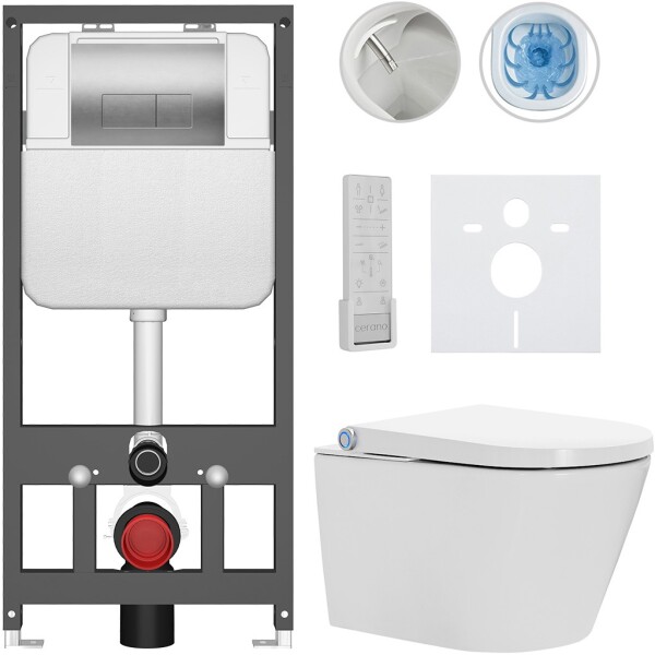 CERANO - Závesné WC s bidetom Basic/Cronus Premium - biela lesklá - WC tlačidlo Modulo/Strieborná - závesné - predstenová inštalácia - 59,3x38,4 CER-8050BD86508