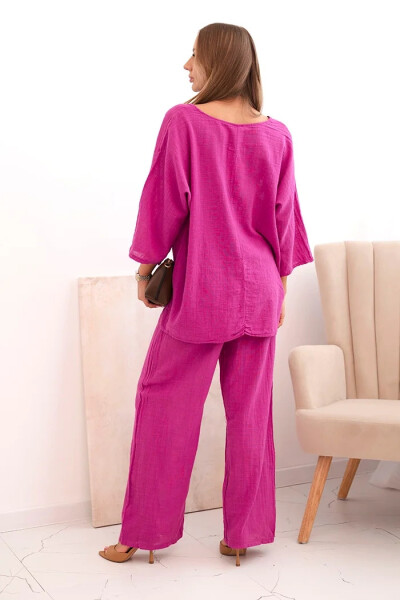 Dámska súprava z viskózy, blúzka s náhrdelníkom a nohavice fialová UNI