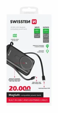 Swissten 22013934 POWER BANK 20000 mAh čierna / Power Bank / 22.5W / USB-C USB Lightning / Qi (22013934)